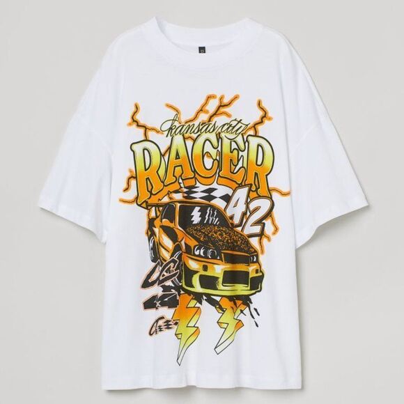 NEW H&M Oversized Printed T-Shirt White/Racer - Picture 6 of 7